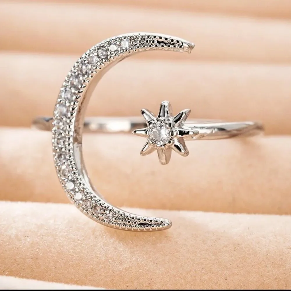 Celestial Crescent Moon Star Silver Tone Crystal Adjustable Ring NWT